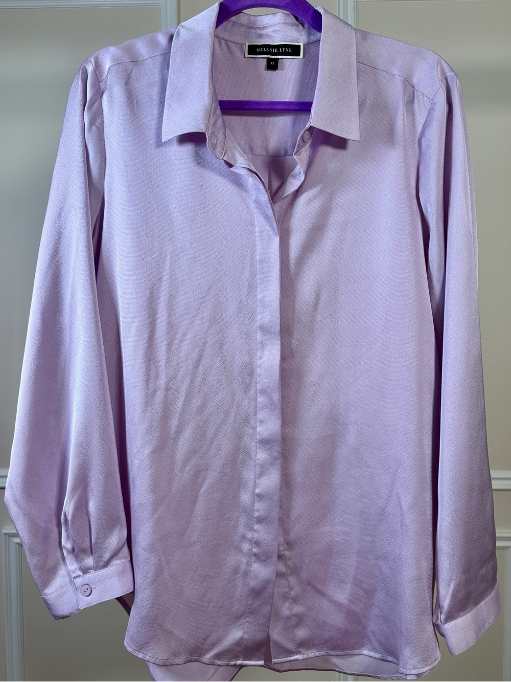 Lavender Satin Long-Sleeve Button-Down Blouse with Classic Collar